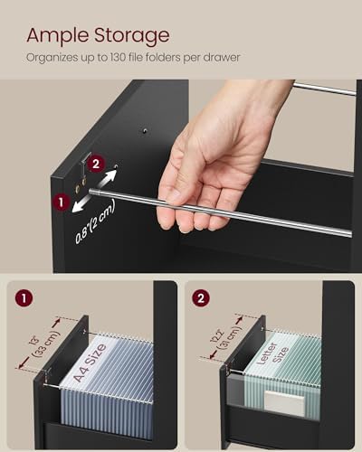 VASAGLE 3 Drawer File Cabinet with Locks, for A4, Letter Sized Documents