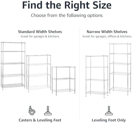 Amazon Basics 3-Shelf Adjustable Heavy Duty Steel Wire Shelving Rack with Chrome Finish, No-Tool Assembly, 250 lbs per Shelf, 23.2" L x 13.4" W x 30" H
