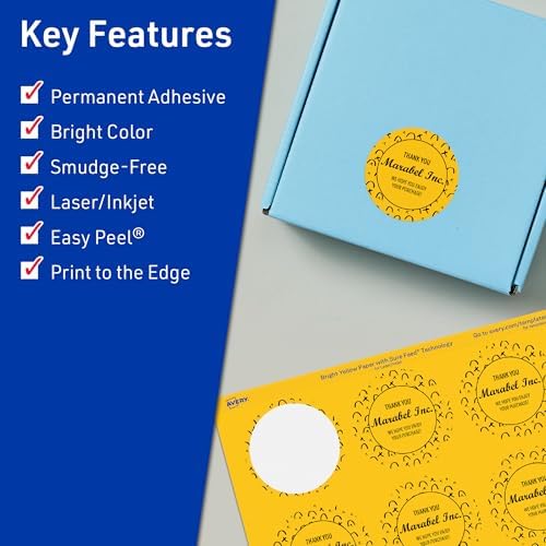 Avery Printable Round Labels, Sure Feed Technology, 1-1/2" Diameter, Bright Yellow Labels, Print-to-The-Edge, Laser/Inkjet Printable, 800 Total, Great for Stickers and Candles
