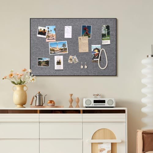 SELEAD Linen Bulletin Board 30” x 20” - Black Aluminum Frame, Grey Fabric
