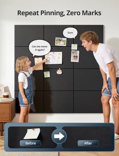 Kuchoow Large Felt Bulletin Cork Board Self-Adhesive Black Pin Wall Tiles, 48'' x 36'' Rectangular Vision Tack Panels for Classroom Office Display 12 Pack Corkboard for Kitchen Bedroom Home Decor