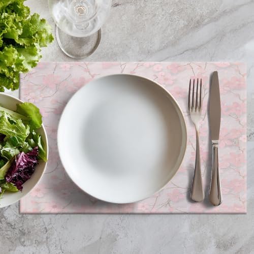 Batmerry Seamless Pink Cherry Blossoms Linen Placemats Set of 4, Vintage Floral On Light Pink Washable Table Mats for Kitchen Table Thickened Heat Insulation Dining Set Indoor Outdoor 12X18 in