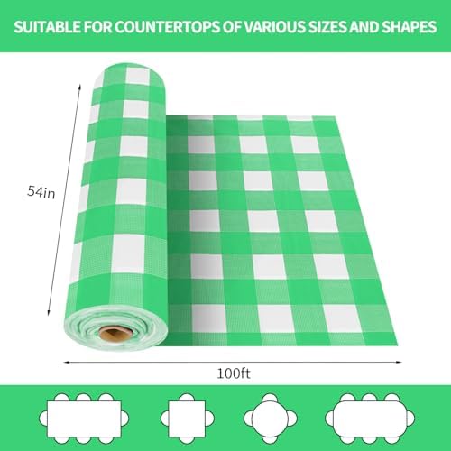 CXPSINC 54 Inch X 100 Feet Plastic Table Cover Roll Disposable Tablecloth with Slide Cutter for All Type/Shape Tables | Party, Banquet, Birthdays, Weddings(Green Checkered, 100 Feet)
