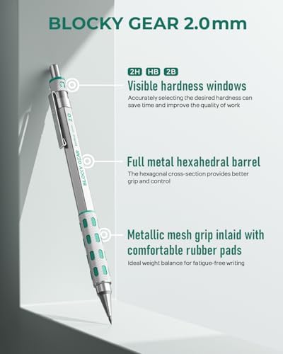 Nicpro 3 Pack Blocky Gear 2.0 mm Metal Mechanical Pencils Set with Case