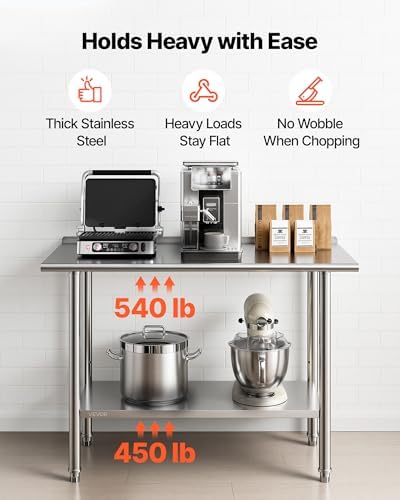 VEVOR Stainless Steel Work Table, 24x48 Inch Food Prep Table with Backsplash, Commercial Kitchen Workstation with Adjustable Undershelf, Metal Heavy Duty Utility Worktable, for Restaurant Home Outdoor