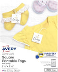 Avery® Square Printable Tags, Sure Feed® Technology, 1.5" x 1.5", White, Includes String, Laser/Inkjet Printable, 200 Total, Great for Branding, Gifts, Merchandising, and More (22849)