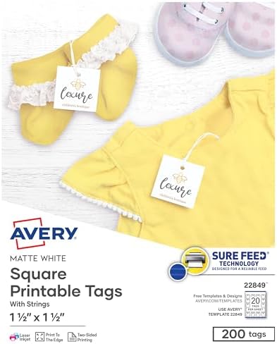 Avery® Square Printable Tags, Sure Feed® Technology, 1.5" x 1.5", White, Includes String, Laser/Inkjet Printable, 200 Total, Great for Branding, Gifts, Merchandising, and More (22849)