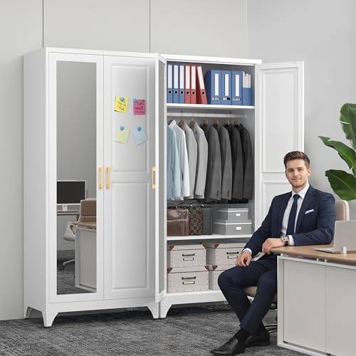 Polup Metal Armoire Wardrobe Closet with Mirror, 71" Tall White Cabinet