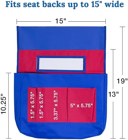 Carson Dellosa Chair Pockets for Classroom, Blue & Red, 12-Pack | Durable 15x19" Chairback Buddy for Classroom Supplies, Desk Buddy Pocket Organizer with Name Tag, Back of Chair Storage