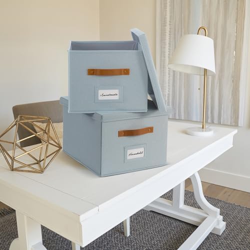 Decorative File Organizer Box Set of 2 - Collapsible Linen Filing Cabinets | Stores Documents and Hanging File Folders - Portable Office Crates with Lid and Handles for Easy Slide Access