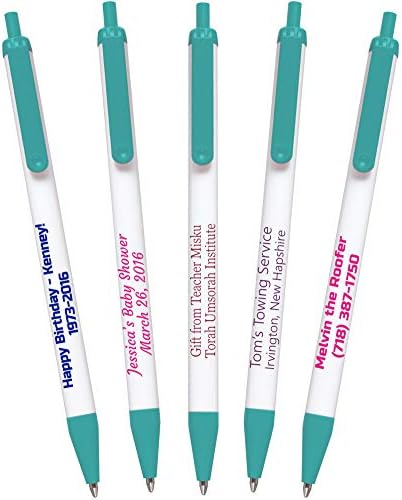 USA Made, Personalized Writing Ink Ballpoint Novelty Pens, Custom Printed with Your Logo & Text (Pack of 500 White Pens with Teal Trim)