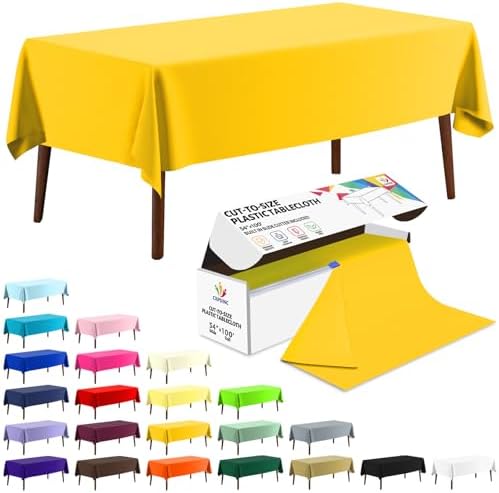 CXPSINC 54 Inch X 100 Feet Plastic Table Cover Roll Disposable Tablecloth with Slide Cutter for All Type/Shape Tables | Party, Banquet, Birthdays, Weddings(Yellow, 100 Feet)