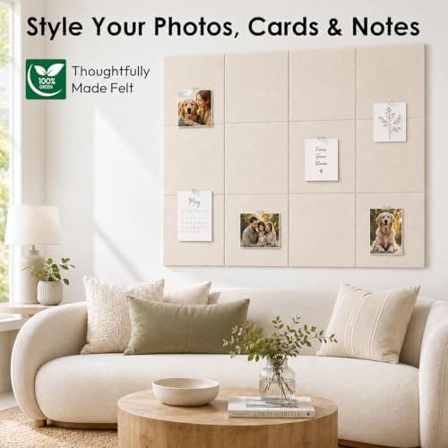 SIOLOC Felt Bulletin Board Tiles, 12 Pack Oatmeal Beige Cork Board Alternative for Walls, Large Felt Wall Tiles, 47.2 x 35.4 in Oversized Pin Board for Home Office Classroom Dorm Decor