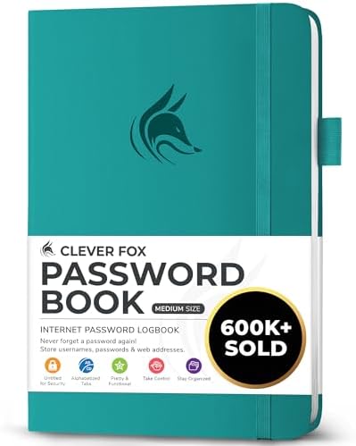 Clever Fox Password Book with Alphabetical Tabs, 5.3"x7.7 Keeper Aquamarine