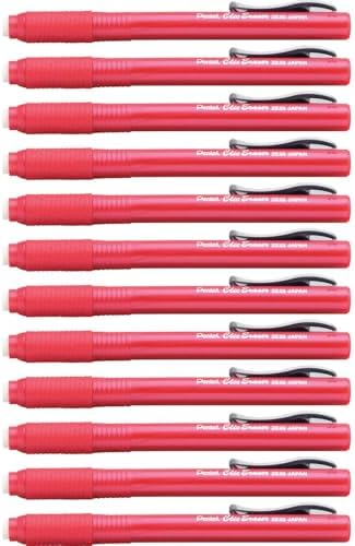Pentel Clic Eraser Grip, Retractable Eraser, Red Barrel, Box of 12 (ZE22B)