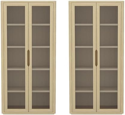 Manhattan Comfort Rivington 5-Shelf Bookshelf with Soft Close Glass Door, 79" Tall Bookcase Handle-Free, Adjustable Shelves, Storage Cabinet for Living Room, Bedroom, or Office Set of 2 in Natural Oak