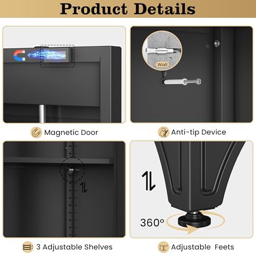71" Metal Wardrobe Closet with Lock, Black Storage Cabinet with Hanging Rod & 3 Adjustable Shelves, Heavy Duty Steel Armoire for Clothes, Secure Lockable Organizer for Bedroom, Home Office & Laundry