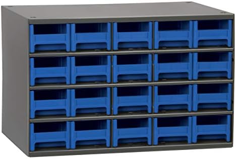 Akro-Mils Steel Garage Storage Cabinet, Small Parts Organizer Metal Cabinet for Hardware, Nails, Screws, Bolts, Nuts, and More, 17" W x 11" D x 11" H, 20-Drawer, Gray Cabinet/Blue Drawers (19320)