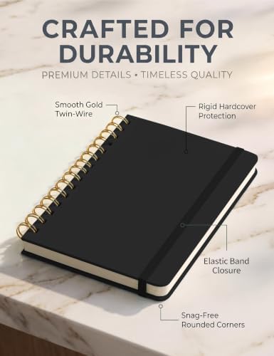 5 Pack Hardcover Spiral Notebooks, 8.3" x 6.3" Lined Journal Set, 100 GSM Bleed-Resistant Paper, 200 Pages Twin-Wire Bound Notebook with Elastic Band & Category Stickers for Office, School