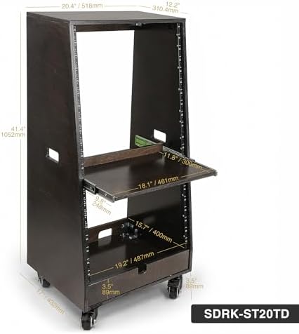 Sound Town DIY Slanted 20U Studio Rack (12U Top + 8U Lower) with 2U Bottom Storage, Slide-Out Tray, Casters, for Home Studio and Recording Room, Birch Plywood, Black Espresso (SDRK-ST20TD)