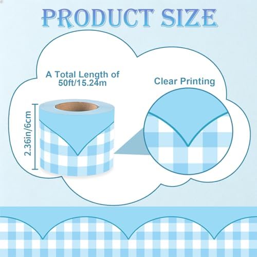 50ft Checkered Bulletin Board Borders, Checkerboard Straight Trim Border with Scalloped Edge Print, Classroom Decor for Chalkboard Whiteboard Back to School Supplies, Blue and White