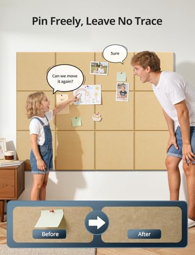 Kuchoow Large Felt Bulletin Cork Board Self-Adhesive Brown Squares Pin Wall Tiles, 48'' x 36'' Vision Tack Panels for Classroom Office Display 12 Pack Corkboard for Kitchen Bedroom Home Decor