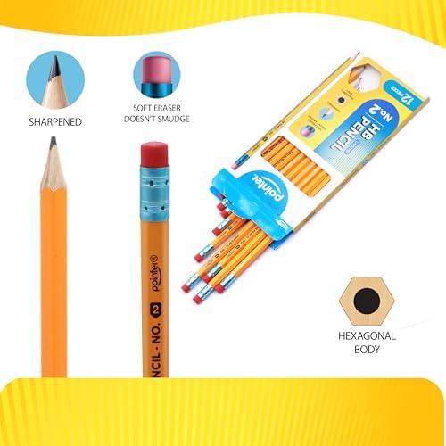 Pointer No. 2 HB Pencils – 12 Pack Pre‑Sharpened Yellow Wood‑Cased Pencils with Soft Erasers, Hexagonal Body for School, Office & Standardized Testing