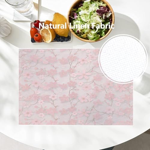Batmerry Seamless Pink Cherry Blossoms Linen Placemats Set of 4, Vintage Floral On Light Pink Washable Table Mats for Kitchen Table Thickened Heat Insulation Dining Set Indoor Outdoor 12X18 in