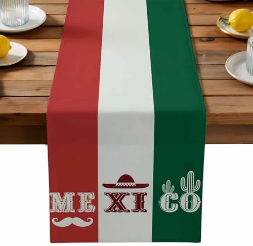 Mexico Flag Table Runner Dresser Scarf 13 x 108 Inch Green Red Color Cactus Hat Striped Modern Table Runners Non-Slip Heat Resistant Kitchen Dining Table Decor for Home Holidays Indoor Outdoor