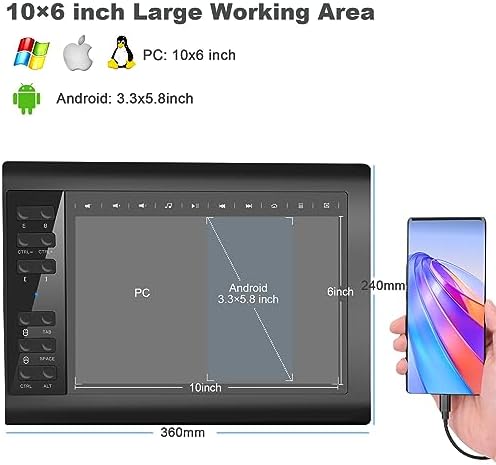 Graphics Drawing Tablet,10x6 inch Digital Writing Tablet with 8192 Levels Stylus for PC/Mac/Android 5.0 and Above with OTG Function for Drawing and Online Teaching
