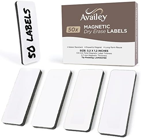 Availey 50 Pieces (3.2 x 1.2) - White Magnetic Dry Erase Labels - Reusable Strips for Classroom Home Office Garage Refrigerator Blank Writable Erasable Cards Name Tags Students Locker Shelf