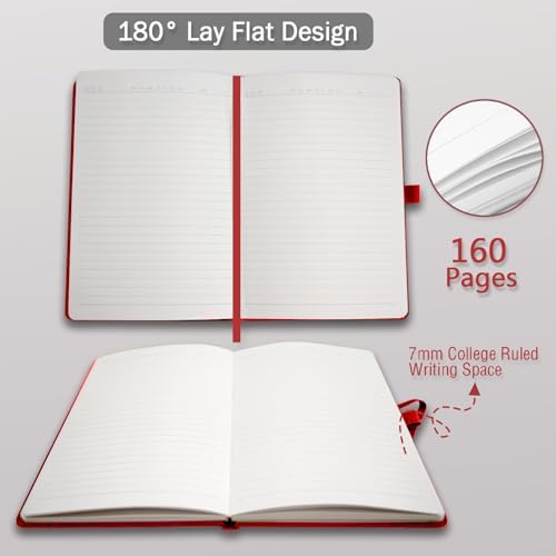 Heture Hardcover Notebooks, A5 Lined Journals Notebook for Writing 160 Pages, 8.2 x 5.5 inch, Red Colors Classic Ruled Notebooks for College/Work/Travel (Red, 1 Pack)