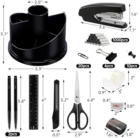 deli Office Supplies Set, Desk Accessory Organizer Kit, Black
