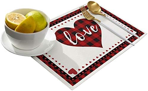 Valentines Day Placemats Set of 4, Red and Black Buffalo Check Plaid Love Cotton Line Fabric Heat Resistant Table Mats Non-Slip Washable Mats Decoration for Home Kitchen Dining Wedding Holiday Party