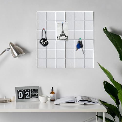 6 Packs White Cork Board Felt Board Tiles, Bulletin Board 12"X12" with 30 Push Pins, Felt Board for Home Kitchen Office Decor, Self-Adhesive Corkboard Tiles for Walls School Message Display Board