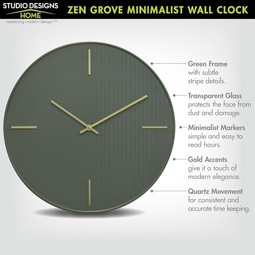 Zen Grove Minimalist Wall Clock, 15.75” Modern Green Wall Clock with Gold Accents, Subtle Stripe Face, Quartz Movement, Glass Cover, Contemporary Home Décor