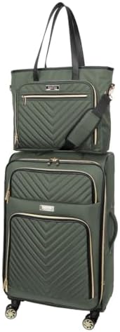 Kenneth Cole REACTION Chelsea 2-Piece Bundle - 20" Chevron Expandable 8-Wheel Carry-On Suitcase & Matching 15" Laptop Tote Bag, Olive