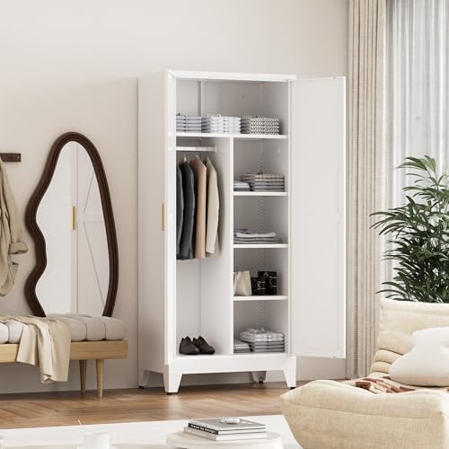Washsemba 71'' Farmhouse Metal Wardrobe Cabinet with Hanging Rod, 2 Barn Door Wardrobe Closet with 5 Adjustable Shelves,Drawer,for Dining Room,Bedroom,Living Room, Cloak Room,Office (White)