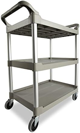 Rubbermaid Commercial Products Heavy Duty 3-Shelf Rolling Service/Utility/Push Cart, 200 lbs. Capacity, Platinum, for Foodservice/Restaurant/Cleaning/Warehouse/Garage