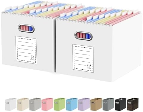 Oterri Portable Collapsible Cardboard File Box with Handle for Letter-Size | 2-Pack. Stainless Steel Handle. Label Stickers Included. Fits Letter Folders (Not Included). Home, Office, School, Dorm, Tax.