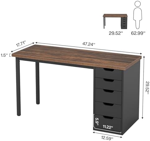 Tribesigns Computer Desk with 5 Drawers, 47 inches Rustic Brown Home Office Desk with Storage, Modern Simple Laptop Desk Study Writing Table for Small Spaces (1, Brown+Black)