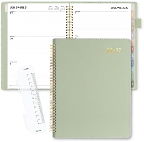 SUNEE 2026-2027 Weekly & Monthly Planner 9"x11.2" - 12 Month (July 2026 - June 2027), Vegan Leather Cover Planner Academic Year Calendar, Pocket, Notes, Monthly Tab, Green