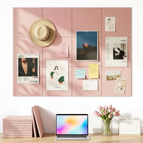 Aothia Felt Bulletin Board Tiles, 12-Pack 48"x36" Large Pin Board for Wall, Modern Cork Board Alternative for Notes, Photos, Memo & Office Organization, 70 Adhesive Tabs & 40 Push Pins, Pink