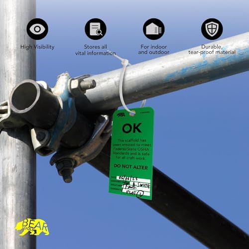 BearTOOLS Scaffold Tags - Safety Inspection Kit with Cable Ties - OK Scaffold Status Warning Sign - Laminated 3 x 6 in, Pack of 25 - Weatherproof, Tear-Resistant - Green Tags