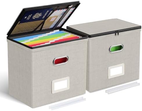 Oterri File Box Small 2-Pack Mesh Pockets Hanging Organizer for Letter-Size | Dustproof Lid. 3 Mesh Pockets. Collapsible Scratch-Resistant GRS Linen. Slide Rails. Office, Home, Dorm