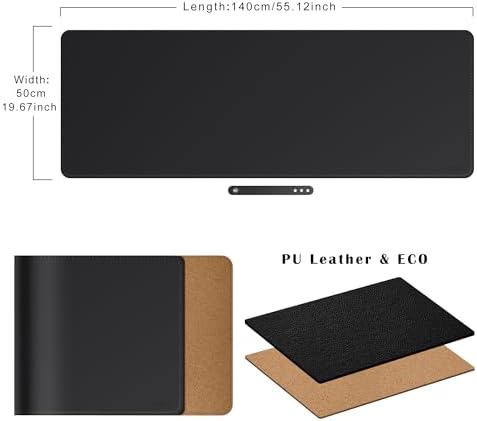 Mydours XXL Large 55" x 20" Gaming Desk Pad, PU Leather & Cork Base, Black