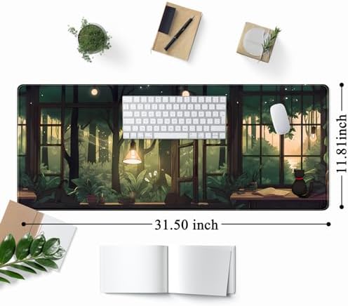 Cute Lofi Desk Mat Green Plants Mouse Pad Large Black Cat Aesthetic Desk Pad Kawaii Anime Extended Gaming Mousepad XL Laptop Keyboard Mouse Mat Deskmat 31.5"x11.8" Cute Office Decor
