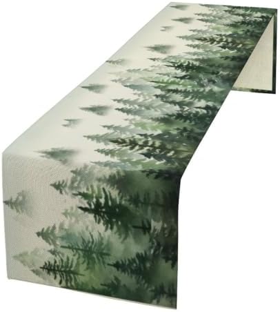 Watercolor Green Pine Trees Table Runner, Forest Woodland Tabletop Scarf Home Kitchen Holiday Decor, Seasonal Farmhouse Rustic Dining Decorations Party Supply 13 X 120 Inch