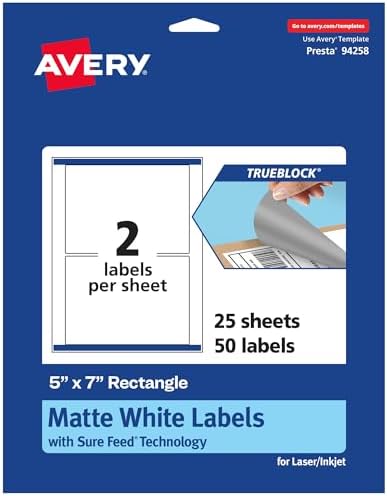 Avery® TrueBlock® Matte White Rectangle Labels, Sure Feed® Technology, 5" x 7", 50 Matte White Labels, Laser/Inkjet Printable, Great for Packaging and Product Merchandising
