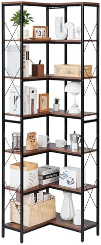VEVOR 7 Tier Corner Bookshelf, 79" Tall Corner Bookcase with Heavy Duty Metal Frame & Wooden Shelves, Industrial Reversible L Shaped Corner Display Shelf for Bedroom, Living Room, Office